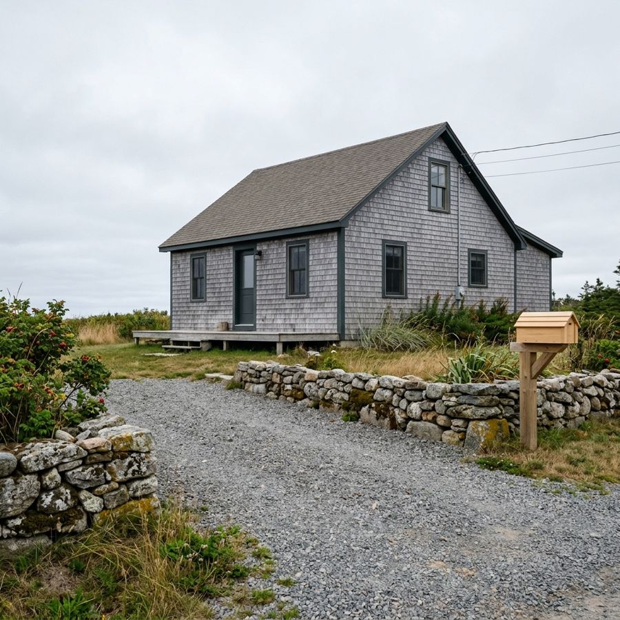 A gravel driveway beside a shingled cottage