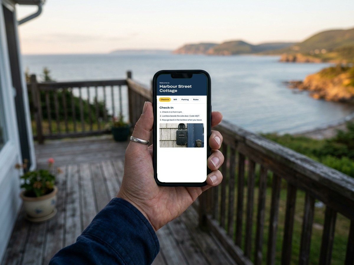 A guest holding a phone showing a Keegix welcome book on a cottage deck