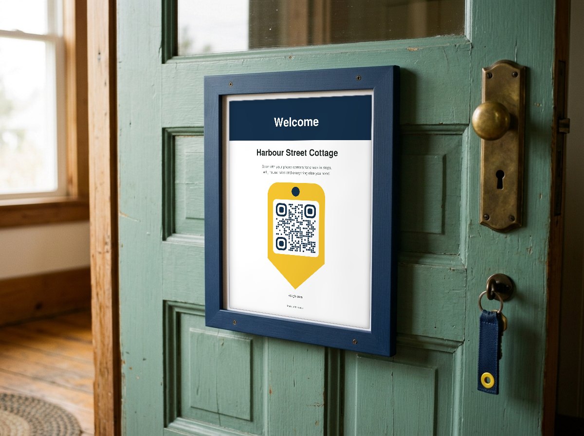 A printed Keegix welcome sign with a yellow key tag QR code, framed on a green cottage door