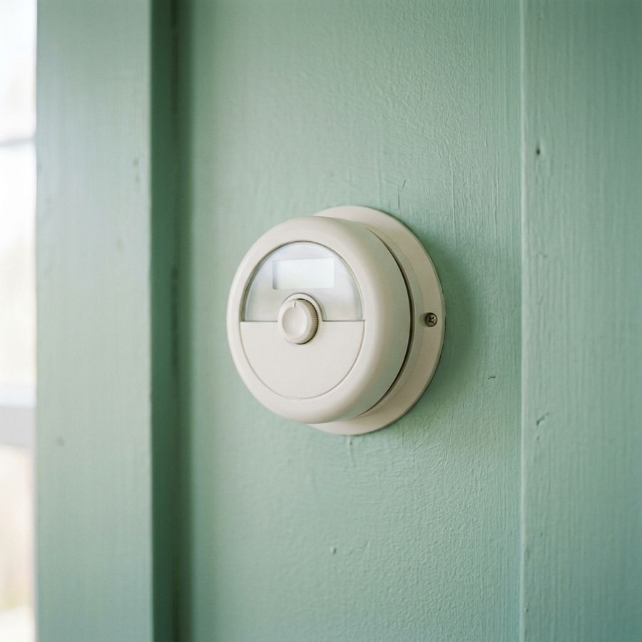 A round thermostat on a green wall